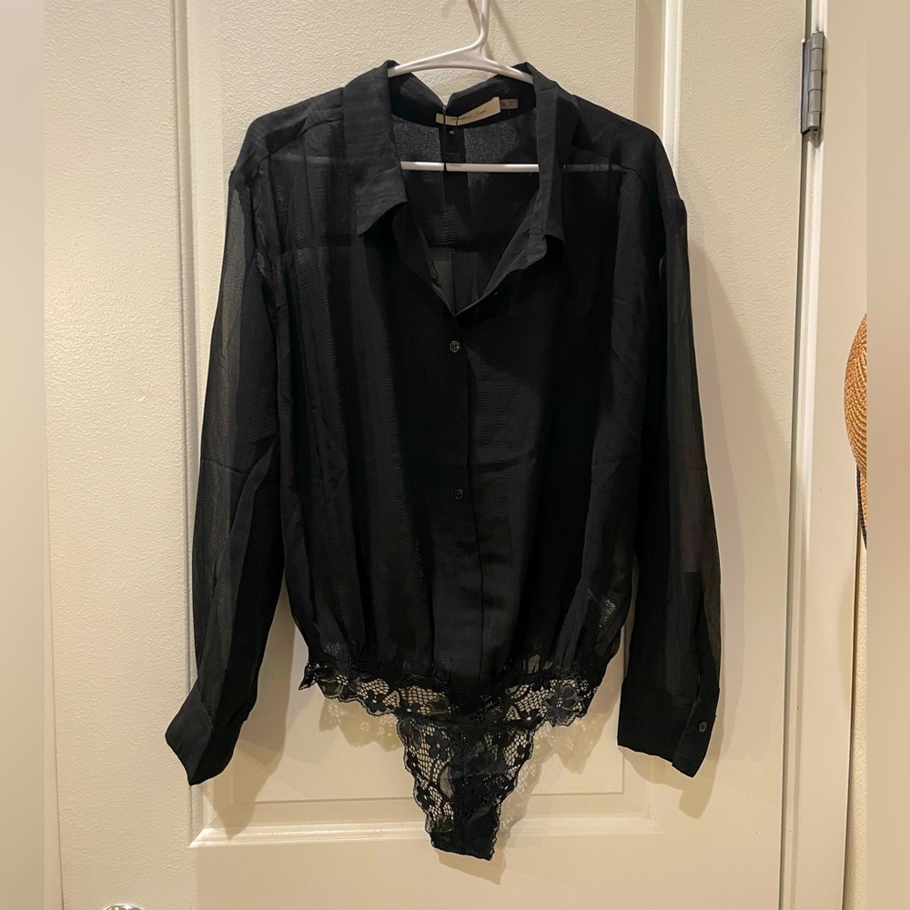 NEW…Sheer Long Sleeve Lace Bottom Collared Bodysuit